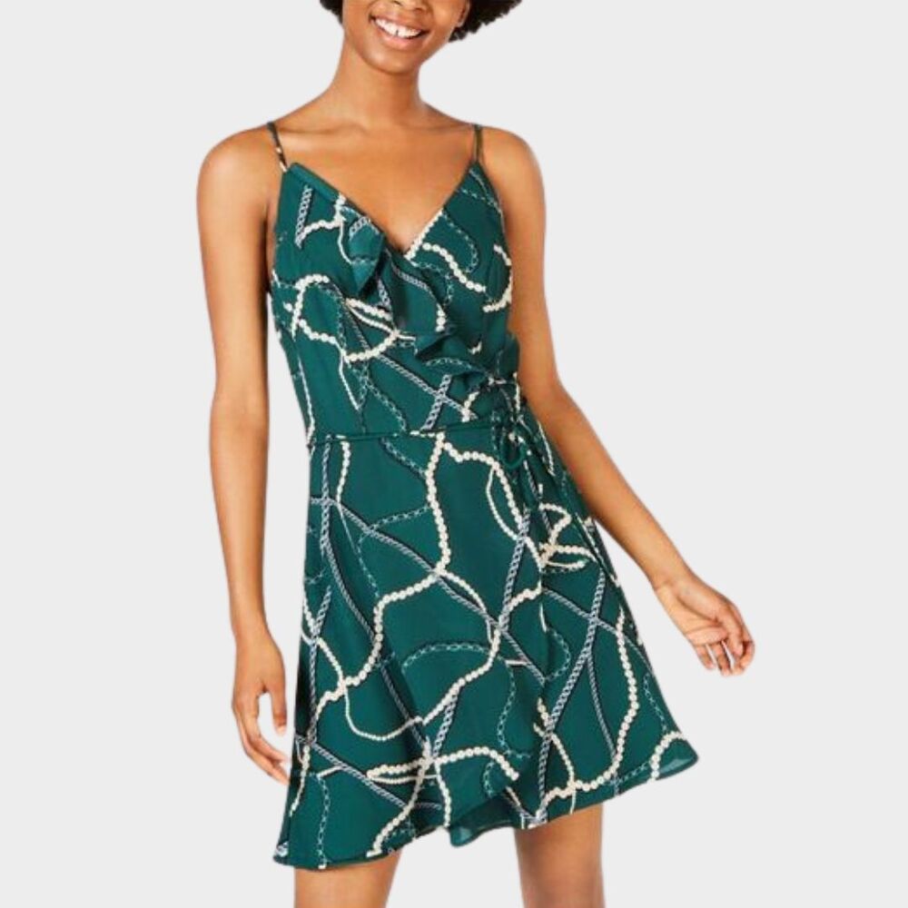 Teeze Me Green Chain Print Faux Wrap Dress Junior 5 Mini Ruffle Status Summer